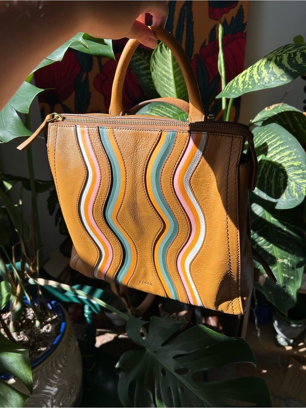 Fossil brand Leather Top-Handle Convertible Backpack with Wavy Multicolor Stripe